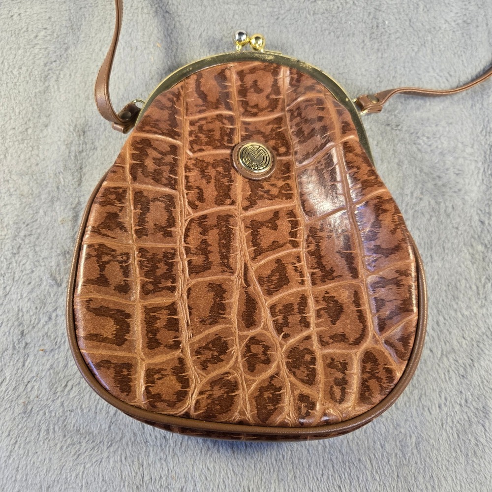 Vintage Monique Brown Faux Croc Embossed Kiss Lock Crossbody Bag‎ Handbag